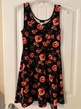 Floral Fit & Flare Dress - Black with Orange Rose Print